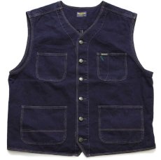 画像1: 90s イタリア製 OSHKOSH B'GOSH ノーカラー エンジニア タイプ HBT ヘリンボーンツイル ワークベスト 後染め 濃紺 XL (1)