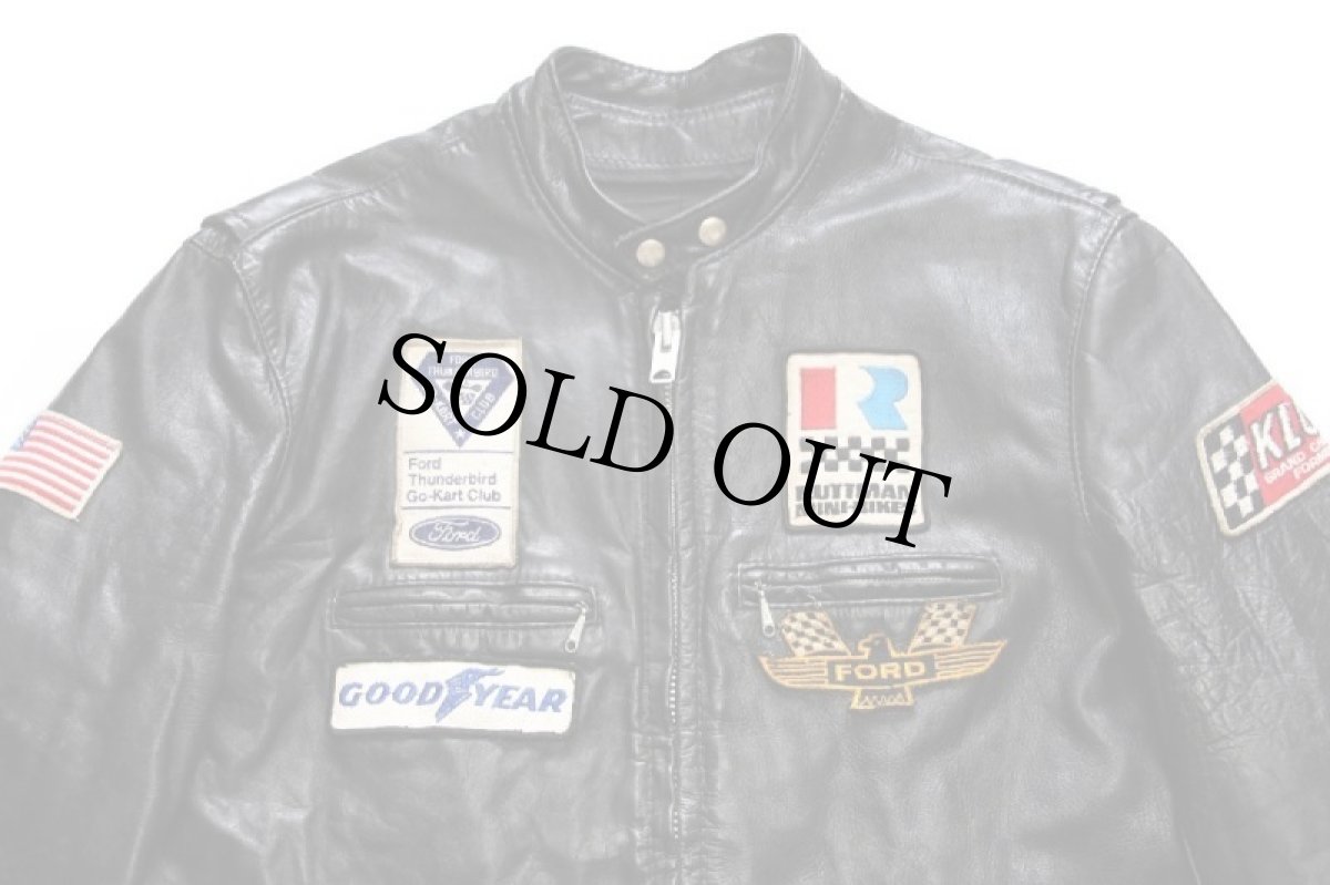 画像3: 70s Brooksブルックス FORD GOODYEAR KLOTZ 星条旗 パッチ付き スタンドカラー シングルライダース レザージャケット 黒 48 (3)