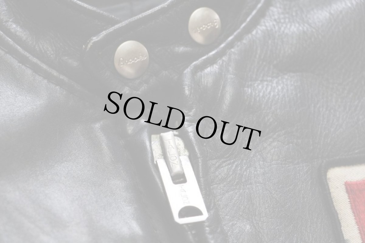 画像7: 70s Brooksブルックス FORD GOODYEAR KLOTZ 星条旗 パッチ付き スタンドカラー シングルライダース レザージャケット 黒 48 (7)