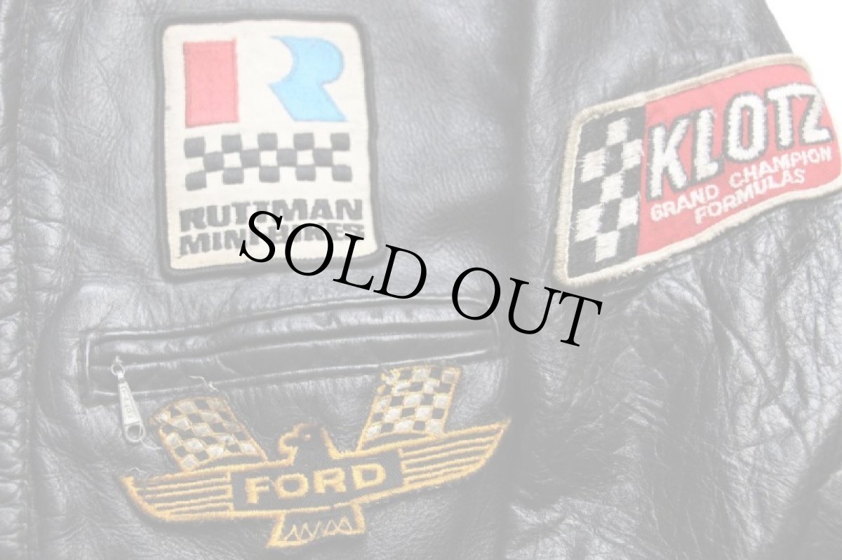 画像5: 70s Brooksブルックス FORD GOODYEAR KLOTZ 星条旗 パッチ付き スタンドカラー シングルライダース レザージャケット 黒 48 (5)