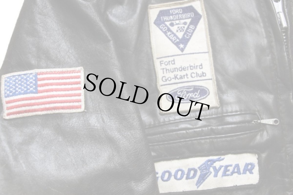 画像4: 70s Brooksブルックス FORD GOODYEAR KLOTZ 星条旗 パッチ付き スタンドカラー シングルライダース レザージャケット 黒 48 (4)