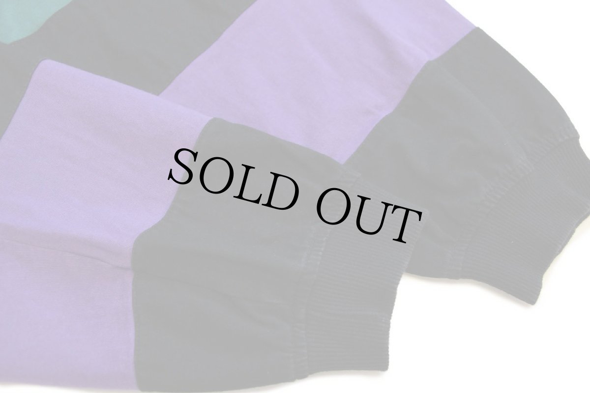 画像6: 80s MEMBERS ONLYメンバーズオンリー モックネック マルチカラー 太ボーダー コットン長袖Tシャツ 黒×緑×紫 XL (6)