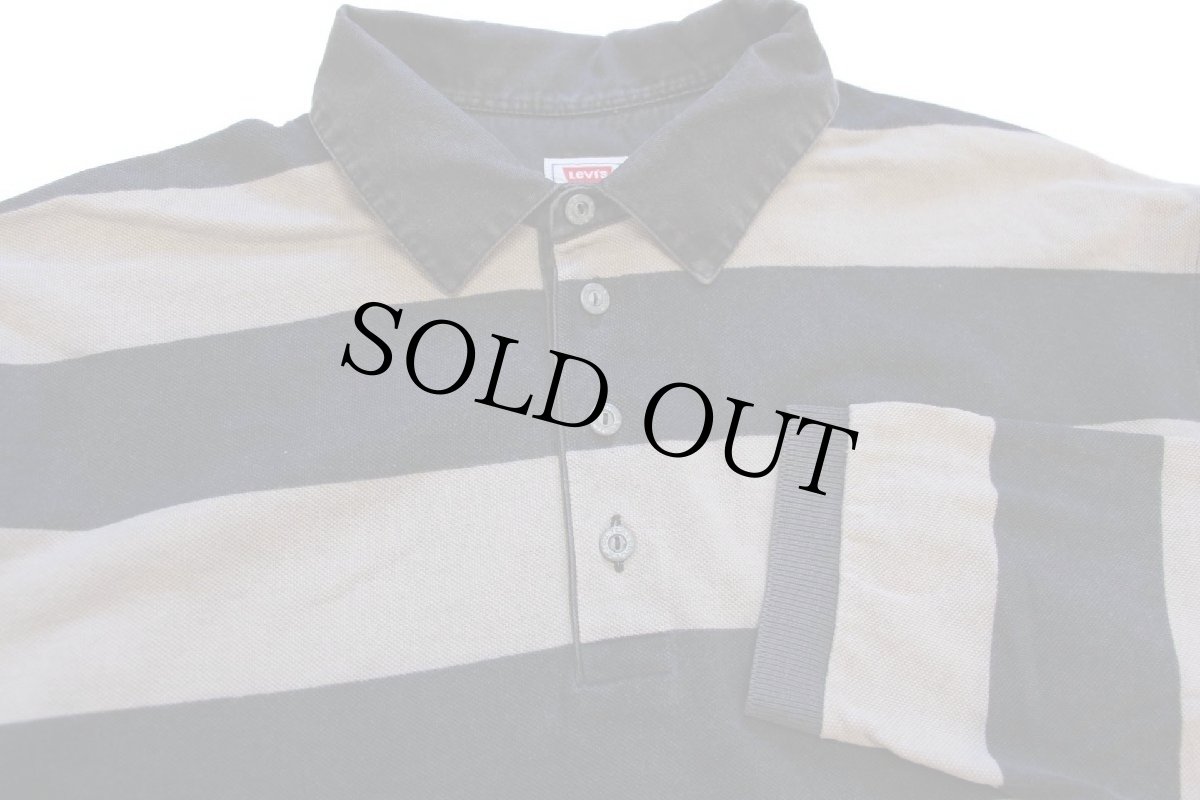 画像3: 90s イタリア製 Levi'sリーバイス 太ボーダー コットン 鹿の子 長袖ポロシャツ 薄黒×グレーベージュ XL★ユーロ (3)