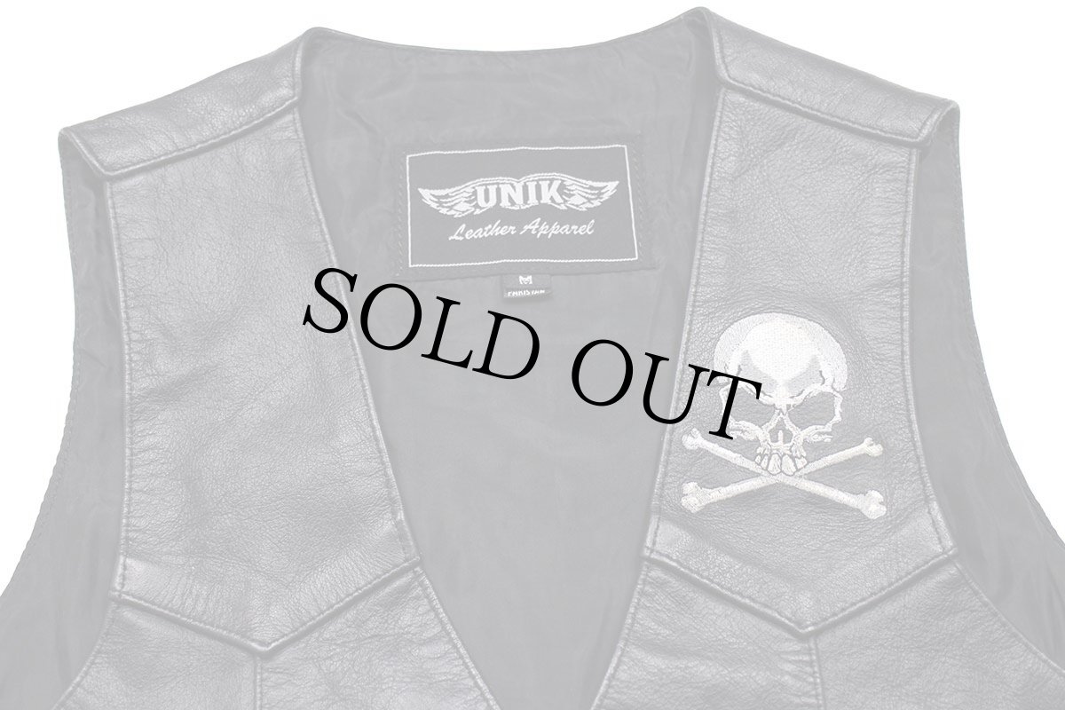 画像3: 90s UNIK スカル刺繍 レザーベスト 黒 M (3)