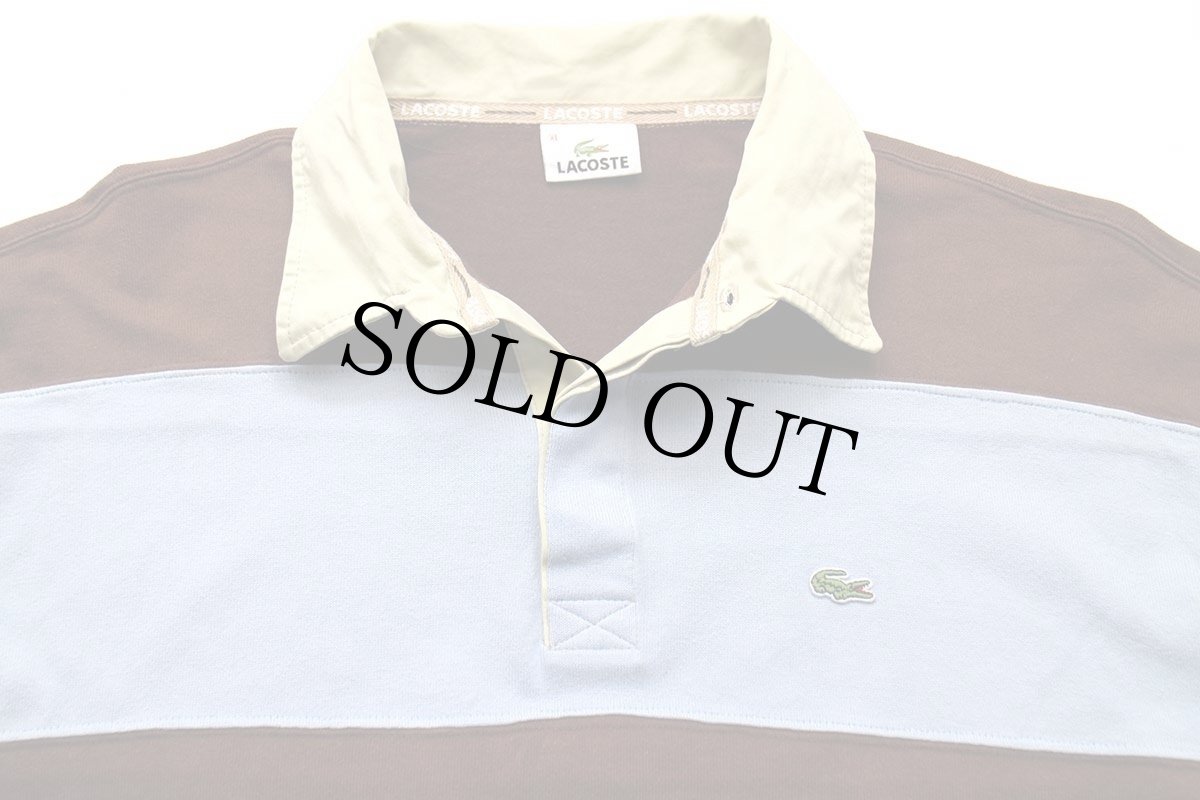 画像3: 90s LACOSTEラコステ 太ボーダー エルボーパッチ付き コットン ラガーシャツ 茶×水色 XL (3)