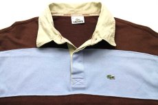 画像3: 90s LACOSTEラコステ 太ボーダー エルボーパッチ付き コットン ラガーシャツ 茶×水色 XL (3)