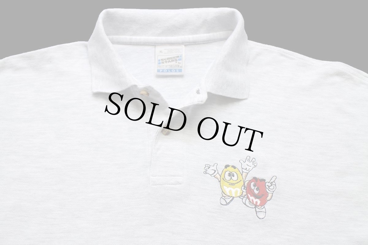 画像3: 90s M&M's キャラクター刺繍 鹿の子 長袖ポロシャツ 杢ライトグレー XL (3)