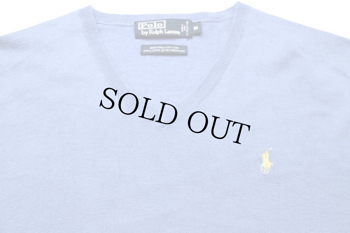 画像3: 00s ポロ ラルフローレン ワンポイント Vネック ピマ コットンニット セーター ライトブルー M (3)