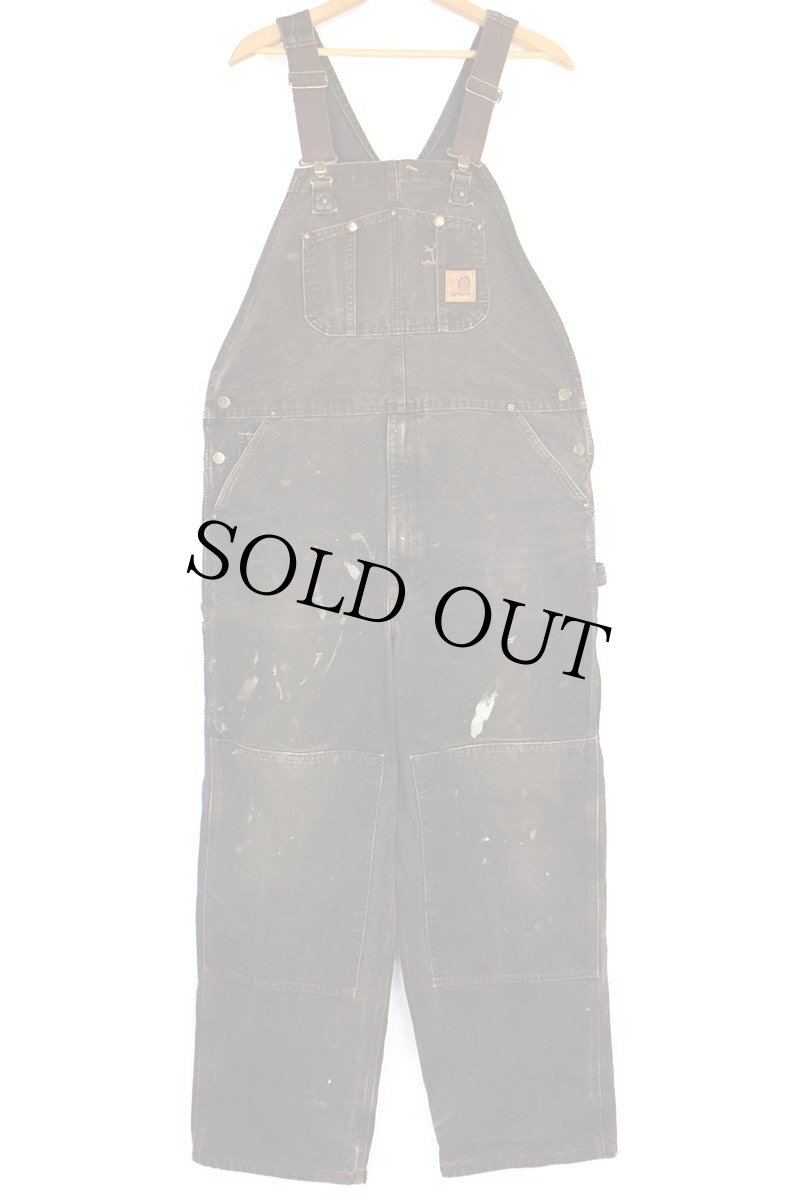 画像2: 00s carharttカーハート ペンキ飛び ダック地 ダブルニー オーバーオール 焦げ茶 w42 (2)