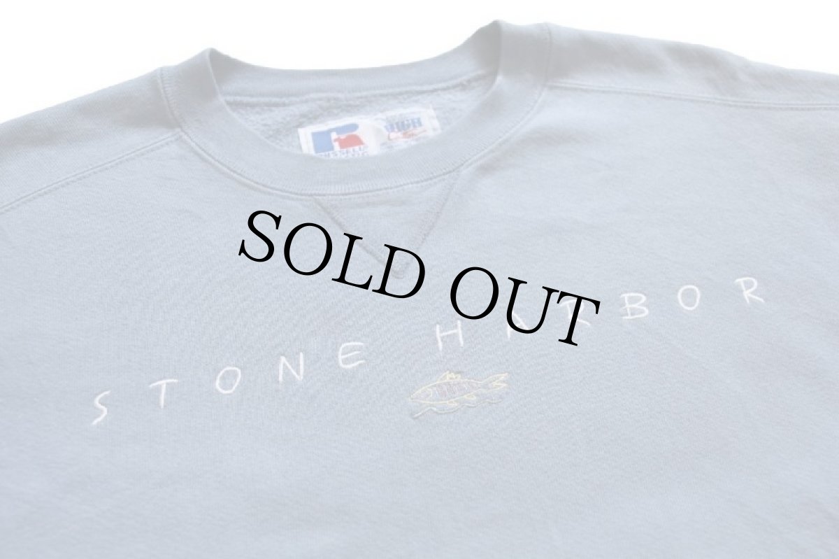 画像3: 90s USA製 RUSSELLラッセル STONE HARBOR フィッシュ 刺繍 前V スウェット ブルーグレー M (3)