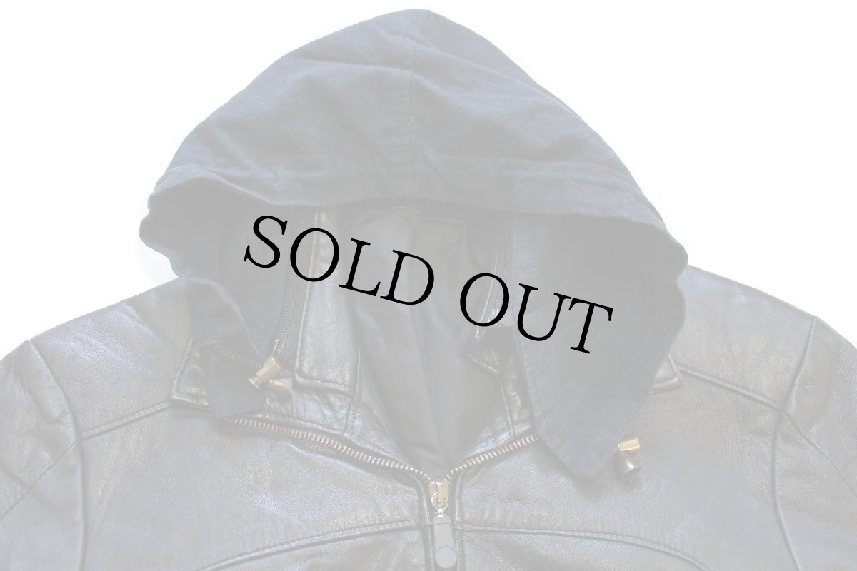 画像3: 80s イタリア製 Vera Pelle フード付き 薄中綿入り レザージャケット 黒 S (3)