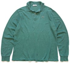 画像1: 70s フランス製 CHEMISE LACOSTE ラコステ ワンポイント コットン 鹿の子 長袖ポロシャツ 杢グリーン 5★105 (1)