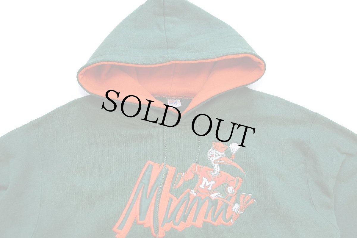 画像3: 90s USA製 MIAMI HURRICANS マスコット刺繍 ツートン スウェットパーカー 緑×オレンジ L★フーディー (3)