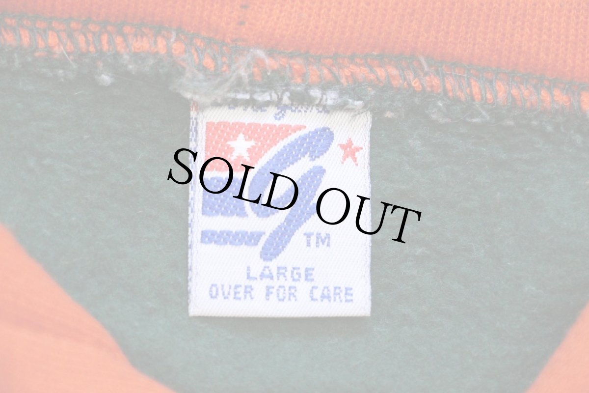 画像5: 90s USA製 MIAMI HURRICANS マスコット刺繍 ツートン スウェットパーカー 緑×オレンジ L★フーディー (5)