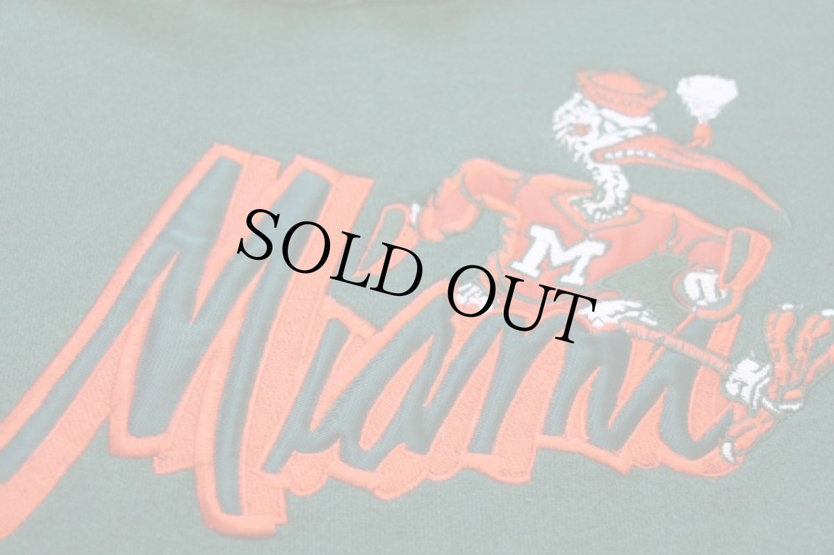 画像4: 90s USA製 MIAMI HURRICANS マスコット刺繍 ツートン スウェットパーカー 緑×オレンジ L★フーディー (4)