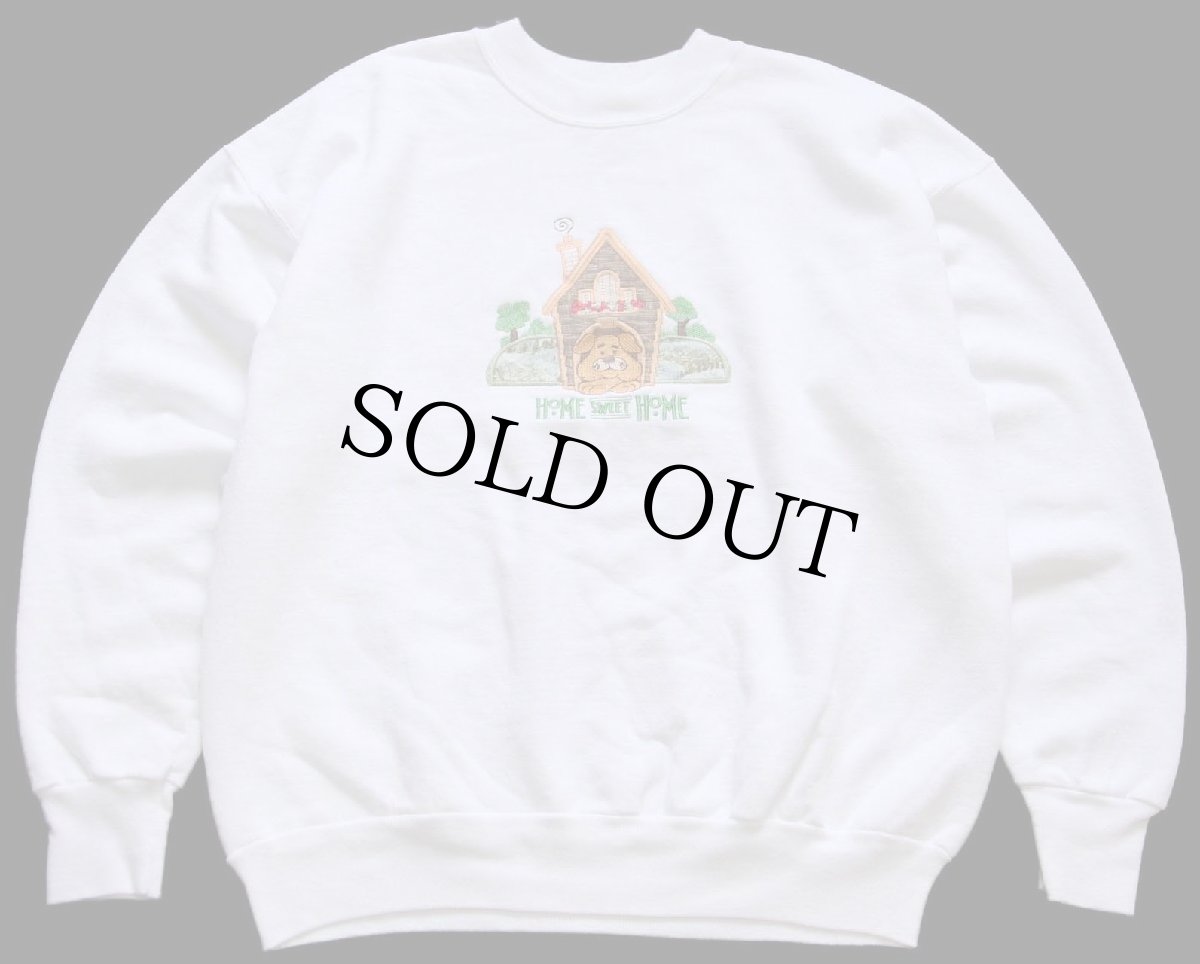 画像1: 90s USA製 HOME SWEET HOME ドッグ 刺繍&アップリケ スウェット 白 L (1)