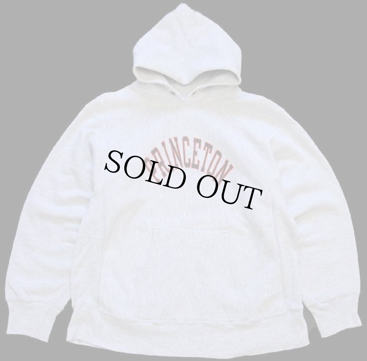 画像1: 80s USA製 Championチャンピオン PRINCETON 染み込みプリント リバースウィーブ スウェットパーカー 杢グレー L★フーディー (1)