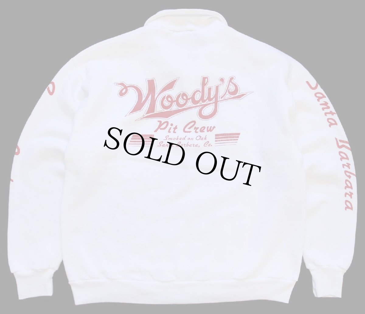 画像2: 80s USA製 Woody's Santa Barbara Pit Crew 両面プリント 襟付き ハーフジップ スウェット 白 (2)