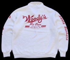 画像2: 80s USA製 Woody's Santa Barbara Pit Crew 両面プリント 襟付き ハーフジップ スウェット 白 (2)