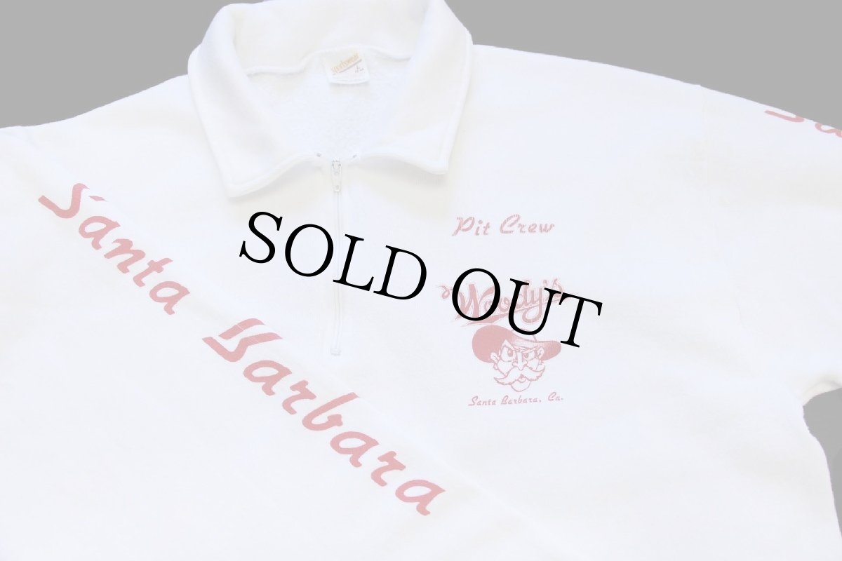画像3: 80s USA製 Woody's Santa Barbara Pit Crew 両面プリント 襟付き ハーフジップ スウェット 白 (3)