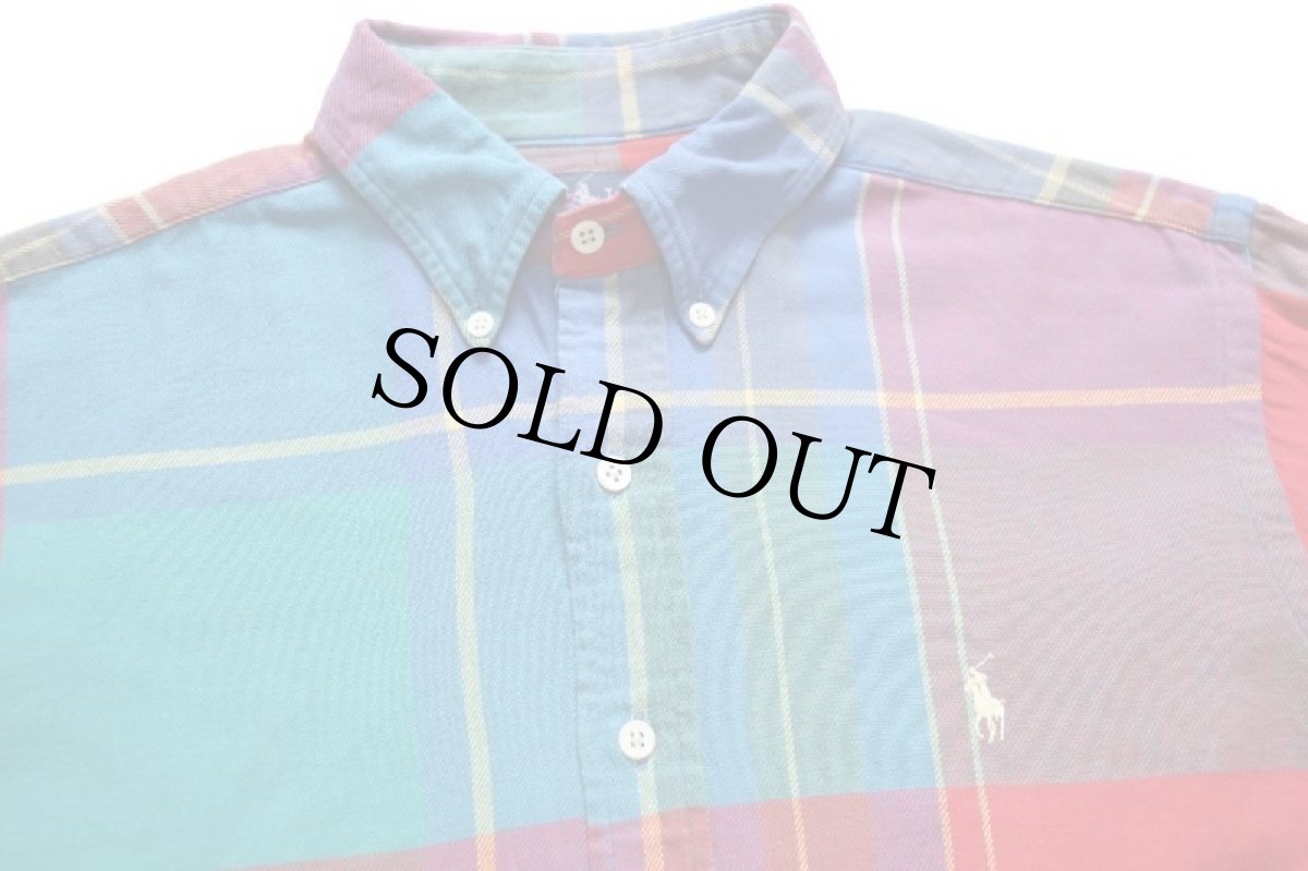 画像3: 90s ラルフローレン マドラスチェック ボタンダウン コットン ライトネルシャツ (3)