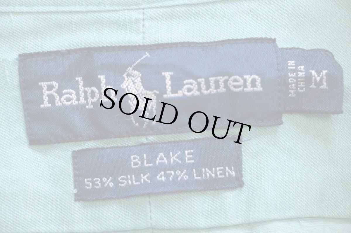 画像4: 90s ラルフローレン BLAKE ワンポイント ボタンダウン シルク×リネンシャツ 薄緑 (4)