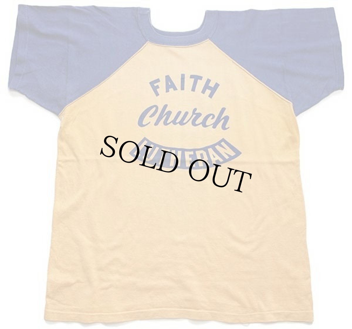 画像2: 60s CHAMPIONチャンピオン ランタグ FAITH Church LUTHERAN 三段中抜き フロッキープリント コットン ラグランTシャツ マスタード×紺 44 (2)