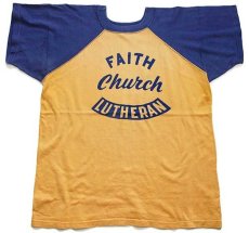 画像2: 60s CHAMPIONチャンピオン ランタグ FAITH Church LUTHERAN 三段中抜き フロッキープリント コットン ラグランTシャツ マスタード×紺 44 (2)