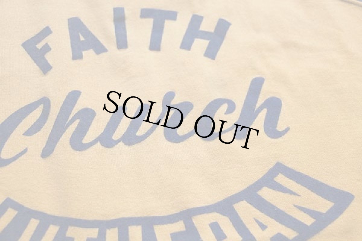 画像4: 60s CHAMPIONチャンピオン ランタグ FAITH Church LUTHERAN 三段中抜き フロッキープリント コットン ラグランTシャツ マスタード×紺 44 (4)