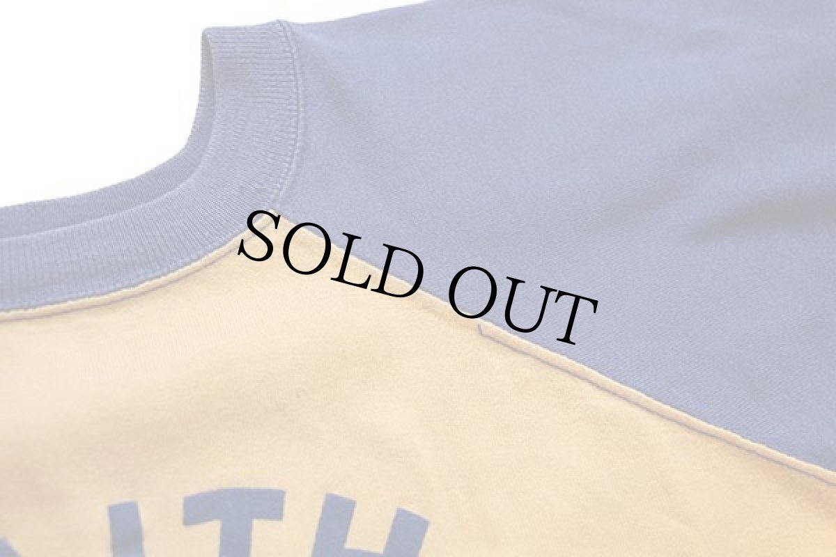 画像6: 60s CHAMPIONチャンピオン ランタグ FAITH Church LUTHERAN 三段中抜き フロッキープリント コットン ラグランTシャツ マスタード×紺 44 (6)