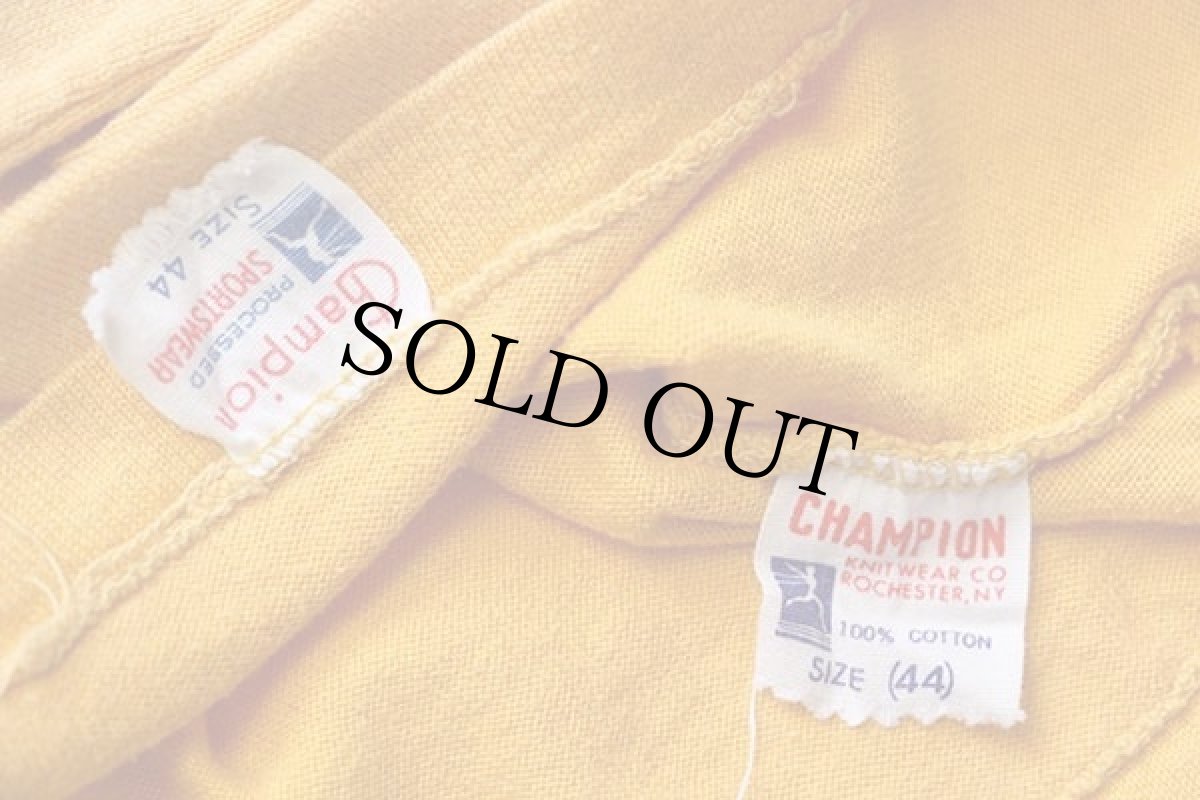 画像5: 60s CHAMPIONチャンピオン ランタグ FAITH Church LUTHERAN 三段中抜き フロッキープリント コットン ラグランTシャツ マスタード×紺 44 (5)