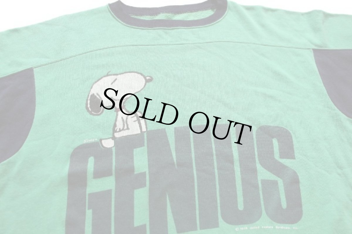 画像3: 80s スヌーピー GENIUS ひび割れプリント ツートン 切り替え 半袖スウェット 緑×紺 (3)