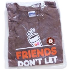 画像1: 未使用★Dunkin' Donuts ダンキンドーナツ FRIENDS DON'T LET FRIENDS DRINK STARBUCKS コットンTシャツ 茶 L (1)