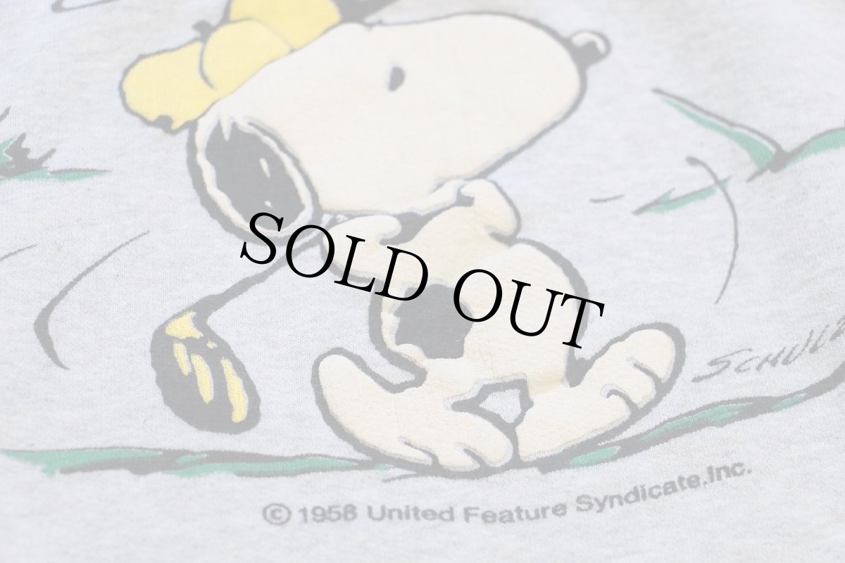 画像4: 80s イタリア製 SNOOPY スヌーピー ゴルフ 発泡プリント ツートン スウェット 杢グレー×紫 XXL (4)