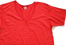画像1: 70s USA製 FRUIT OF THE LOOM 無地 バインダー Vネック コットンTシャツ 赤 L (1)