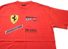 画像1: 00s GRAND PRIX Ferrariフェラーリ BRIDGESTONE HUGO BOSS ロゴ 両面プリント コットンTシャツ 赤 XL (1)