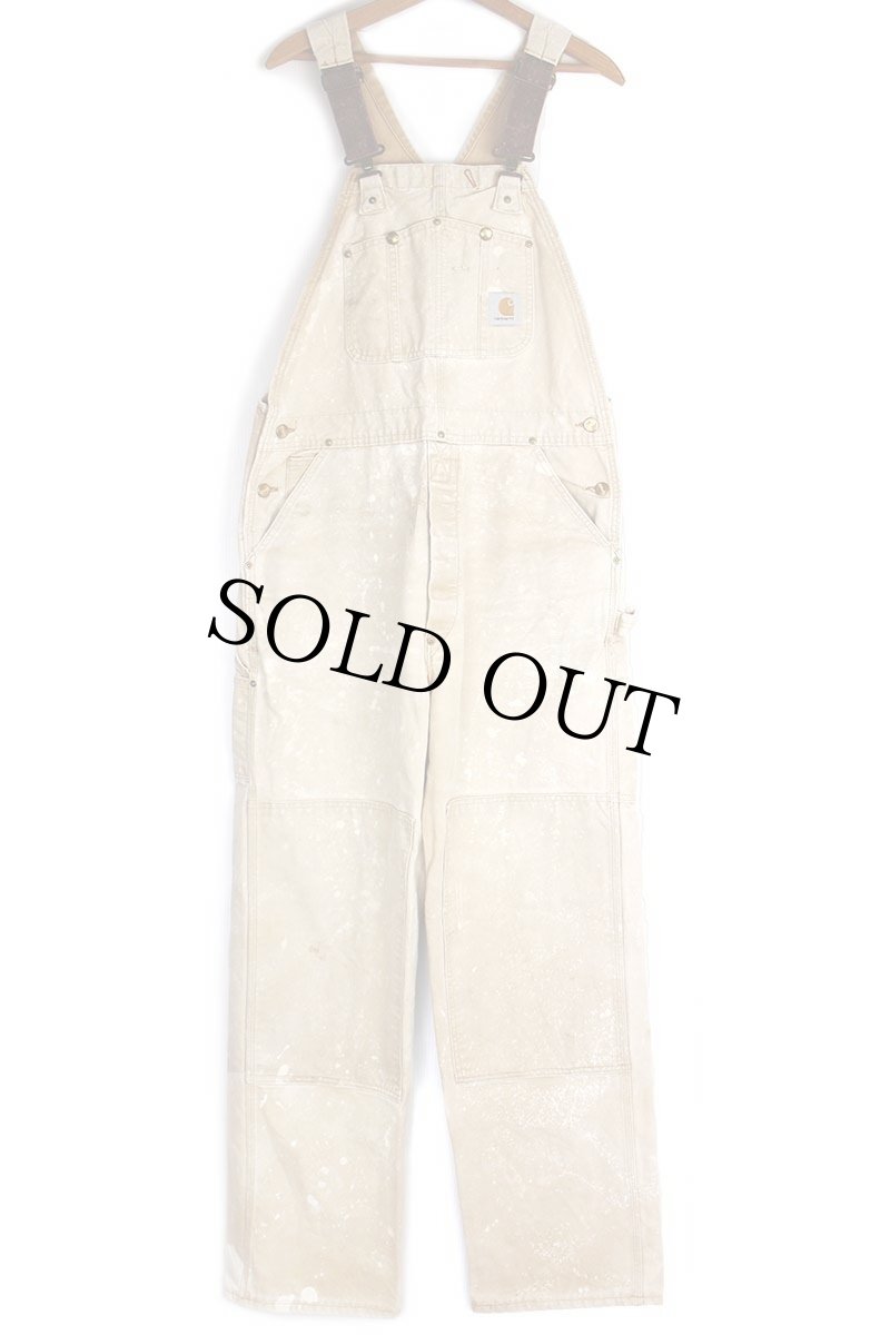 画像2: 00s USA製 carharttカーハート ブリーチ飛び ダブルニー ダック地 オーバーオール 茶 フェード w38 (2)