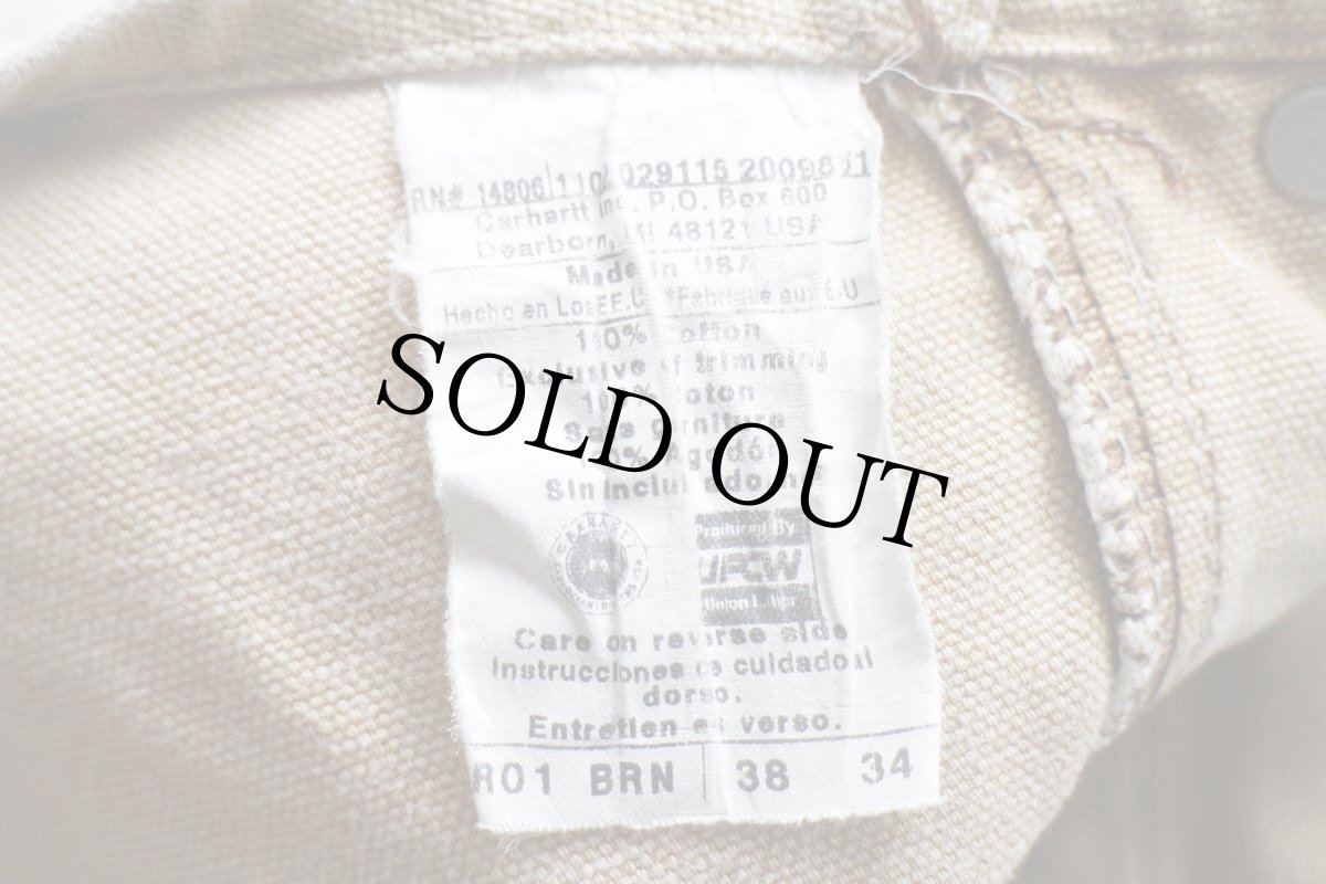 画像6: 00s USA製 carharttカーハート ブリーチ飛び ダブルニー ダック地 オーバーオール 茶 フェード w38 (6)