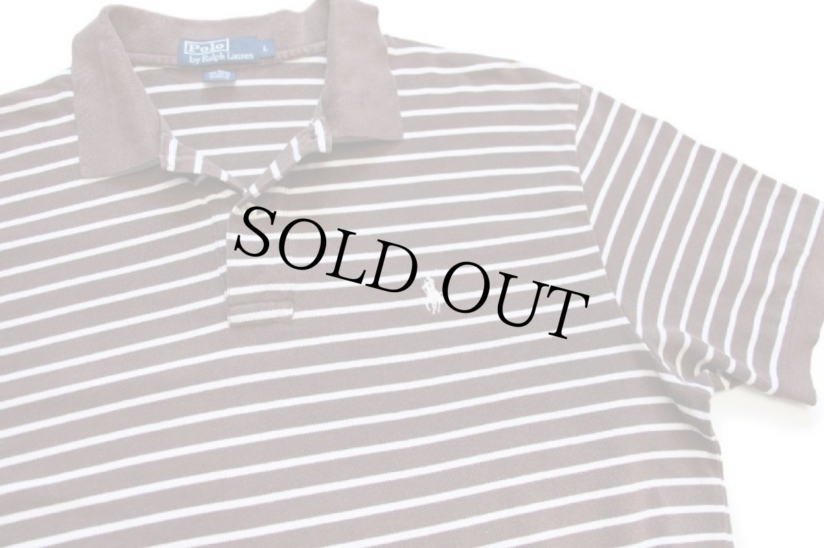 画像3: 00s ポロ ラルフローレン ボーダー コットン 鹿の子 ポロシャツ 茶×白 L (3)