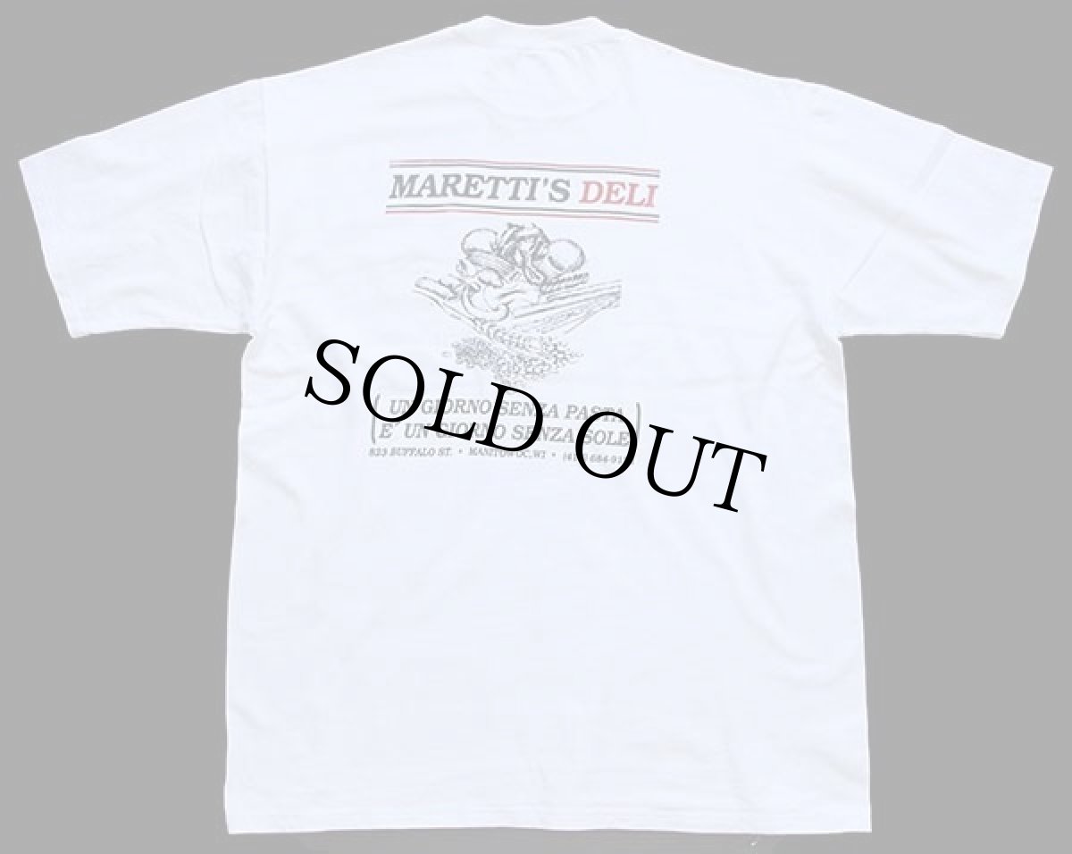 画像2: 90s USA製 RUSSELLラッセル MARETTI'S DELI バックプリント ヘビーウェイト コットンTシャツ 白 L (2)