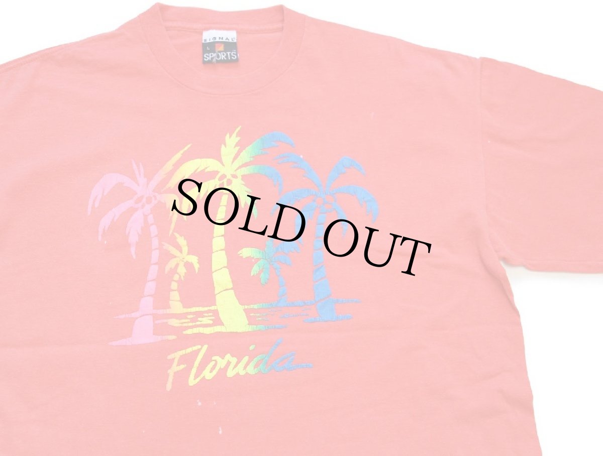画像1: 90s USA製 Florida ヤシの木 蛍光 発泡プリント アート コットンTシャツ オレンジ L (1)