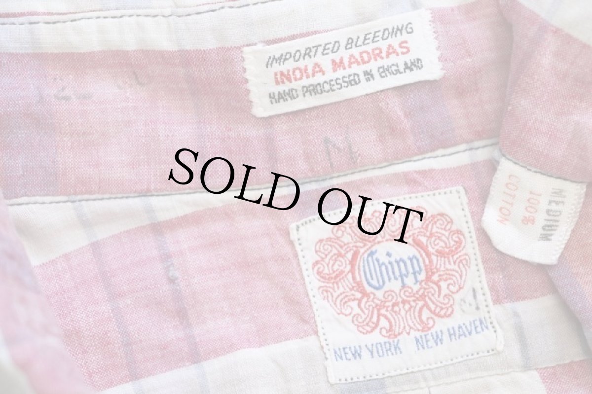 画像4: 60s 英国製 Chipp マドラスチェック マチ付き 三点留め ボタンダウン プルオーバー 半袖 コットンシャツ M★インド綿 (4)