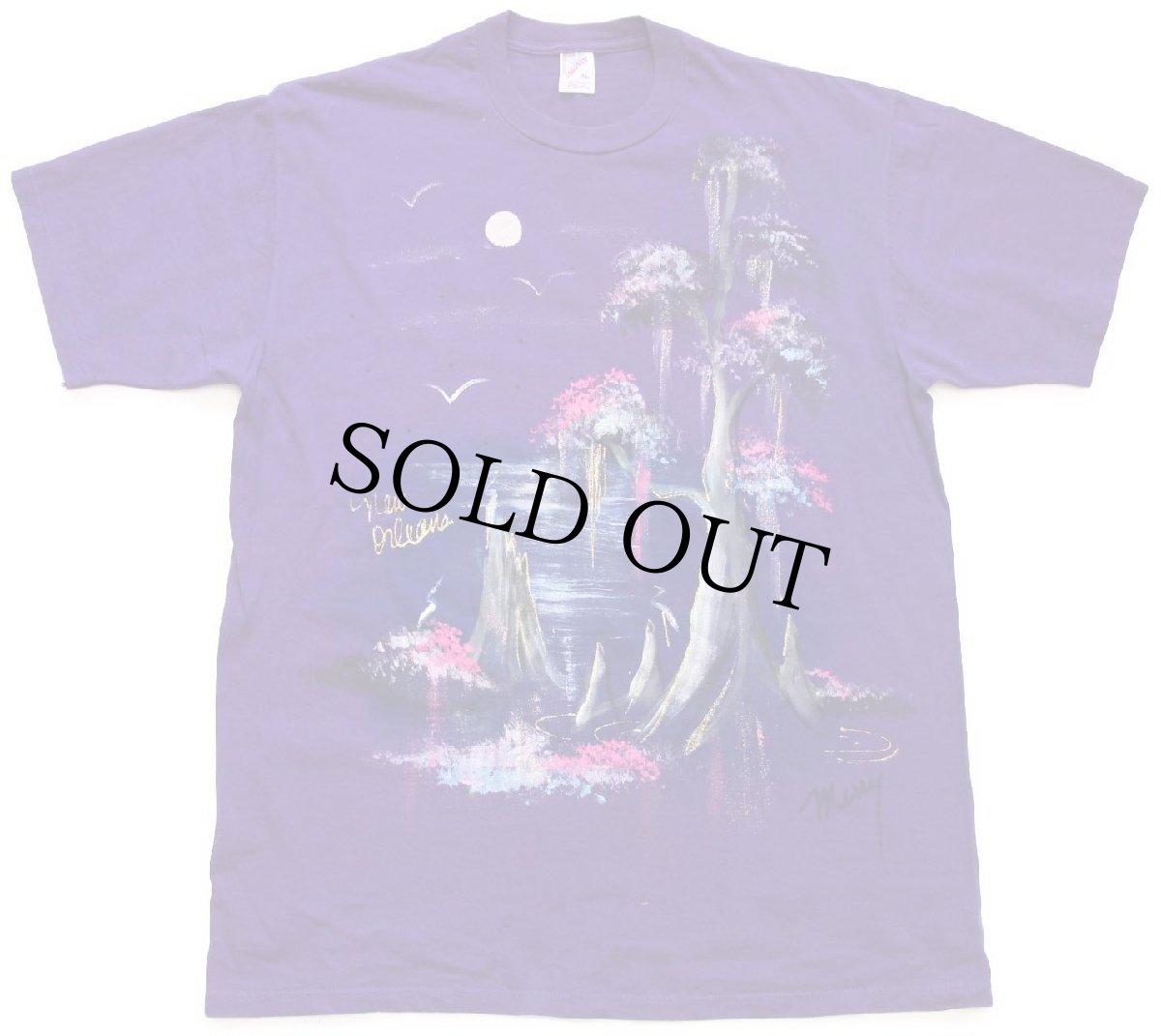 画像2: 90s USA製 New Orleans 風景画 ハンドペイント アート コットンTシャツ 紫 XL (2)