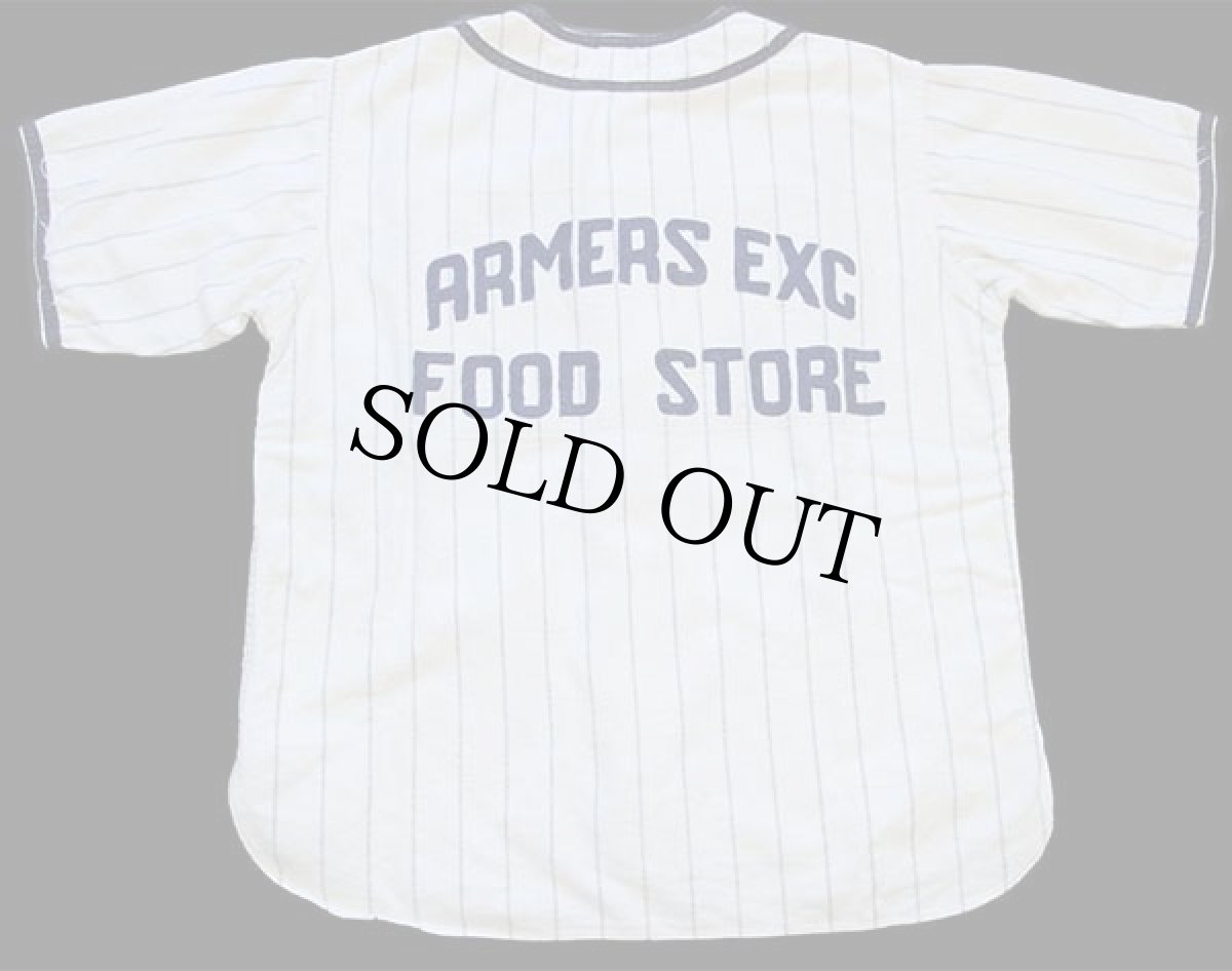 画像1: 50s Rawlings ARMERS EXC FOOD STORE チェーン刺繍 ピンストライプ コットン ベースボールシャツ 生成り×紺 (1)