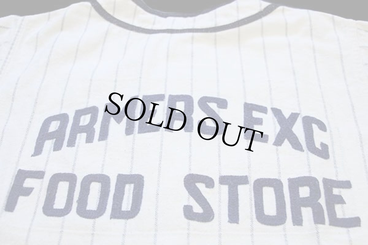 画像4: 50s Rawlings ARMERS EXC FOOD STORE チェーン刺繍 ピンストライプ コットン ベースボールシャツ 生成り×紺 (4)