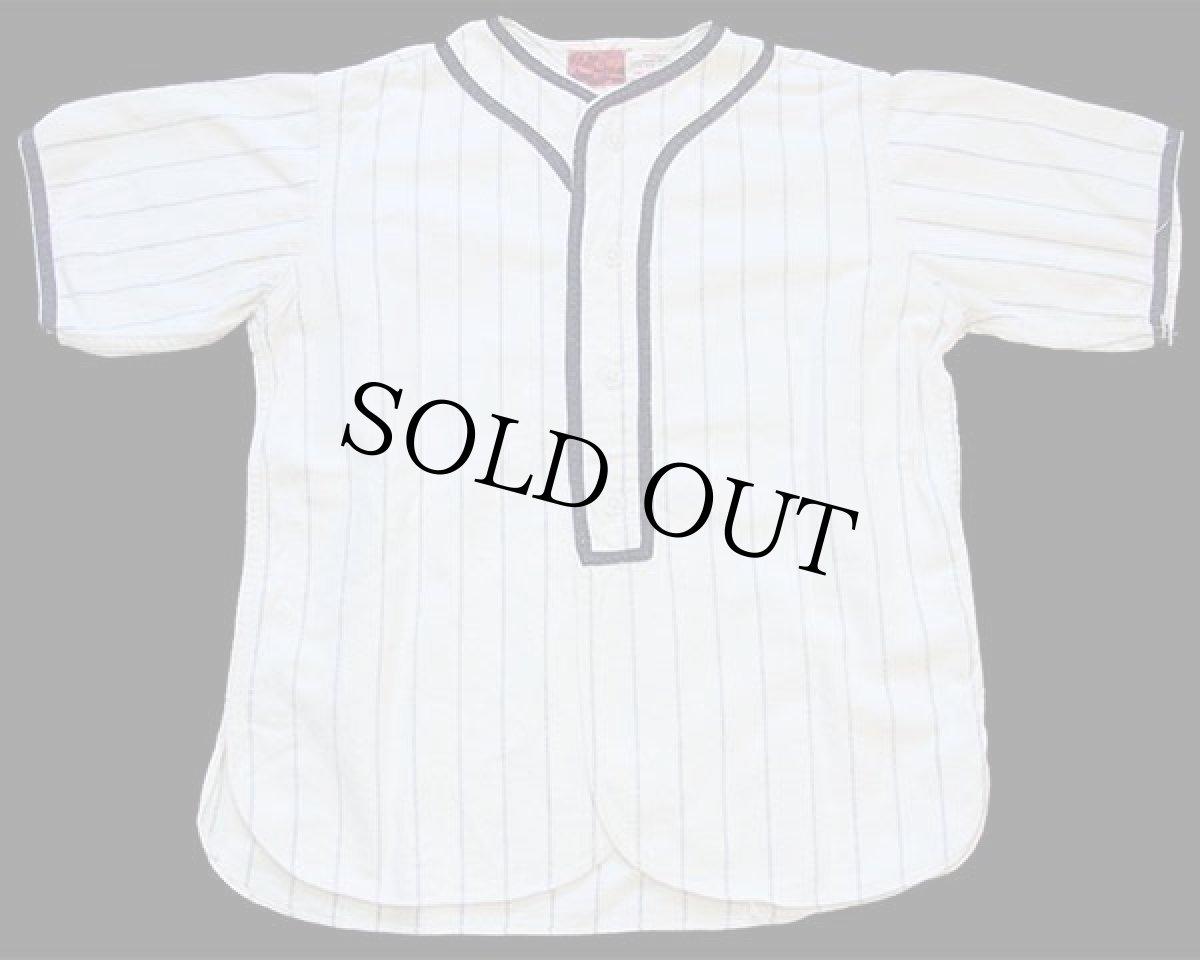 画像2: 50s Rawlings ARMERS EXC FOOD STORE チェーン刺繍 ピンストライプ コットン ベースボールシャツ 生成り×紺 (2)