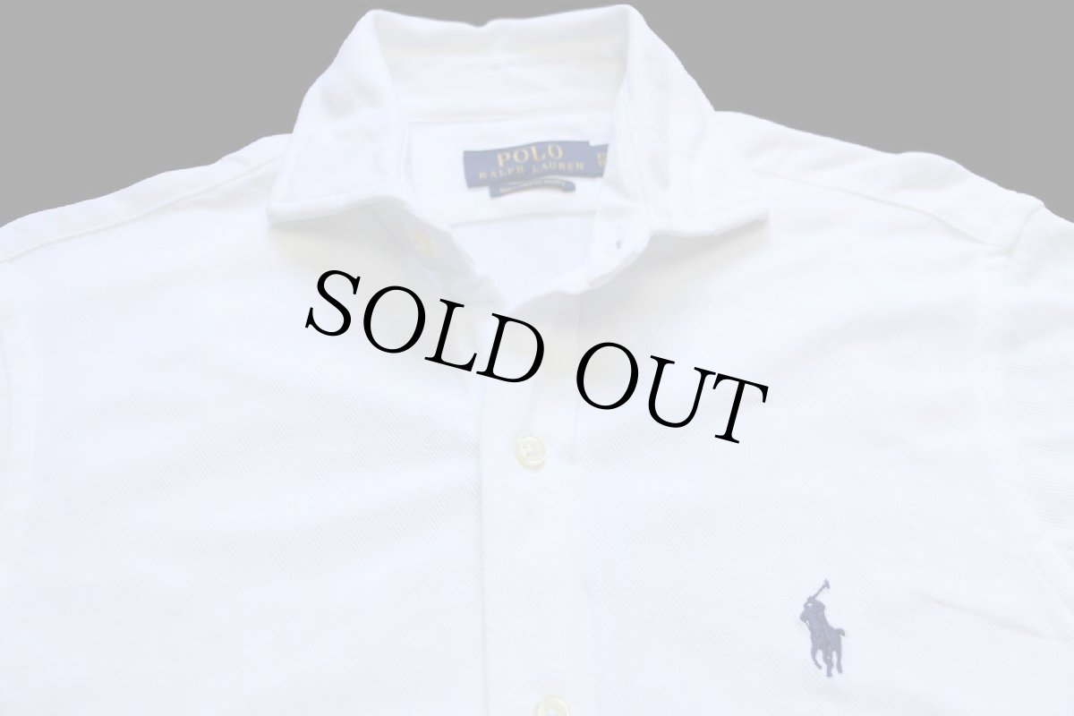 画像3: ポロ ラルフローレン KNIT DRESS SHIRT ワンポイント ワイドカラー ヘリンボーン コットンシャツ 白 XS (3)