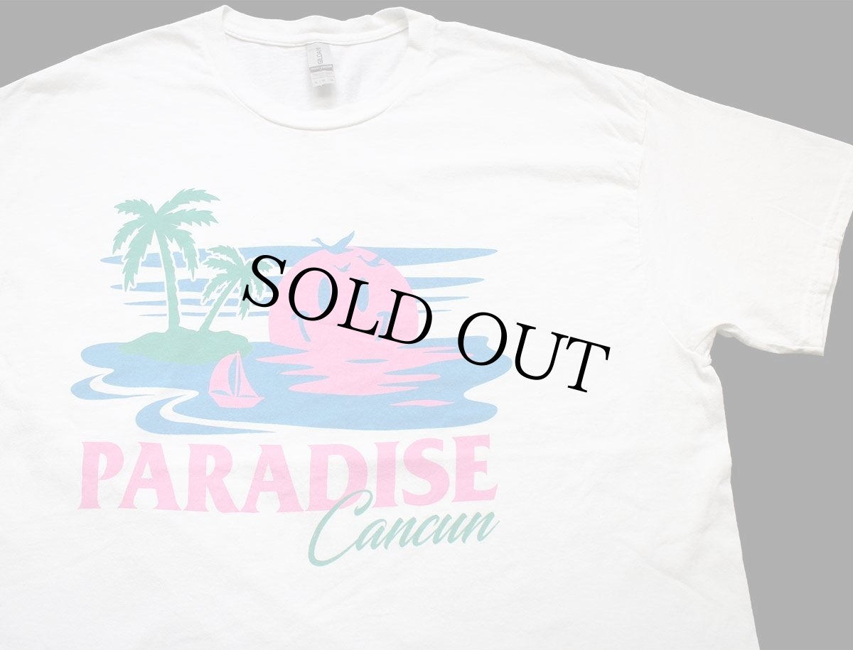 画像1: PARADISE Cancun スマイル ビーチ イラスト コットンTシャツ 白 XL (1)