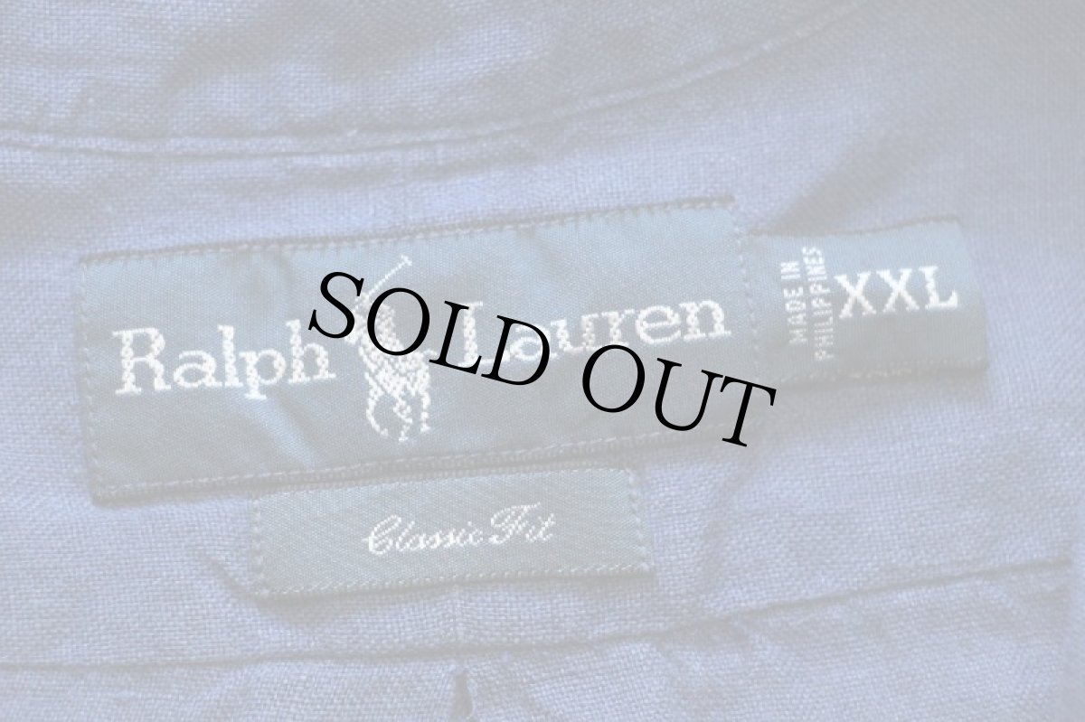 画像4: 00s ラルフローレン ワンポイント ボタンダウン 半袖 リネンシャツ 紺 XXL★特大 (4)