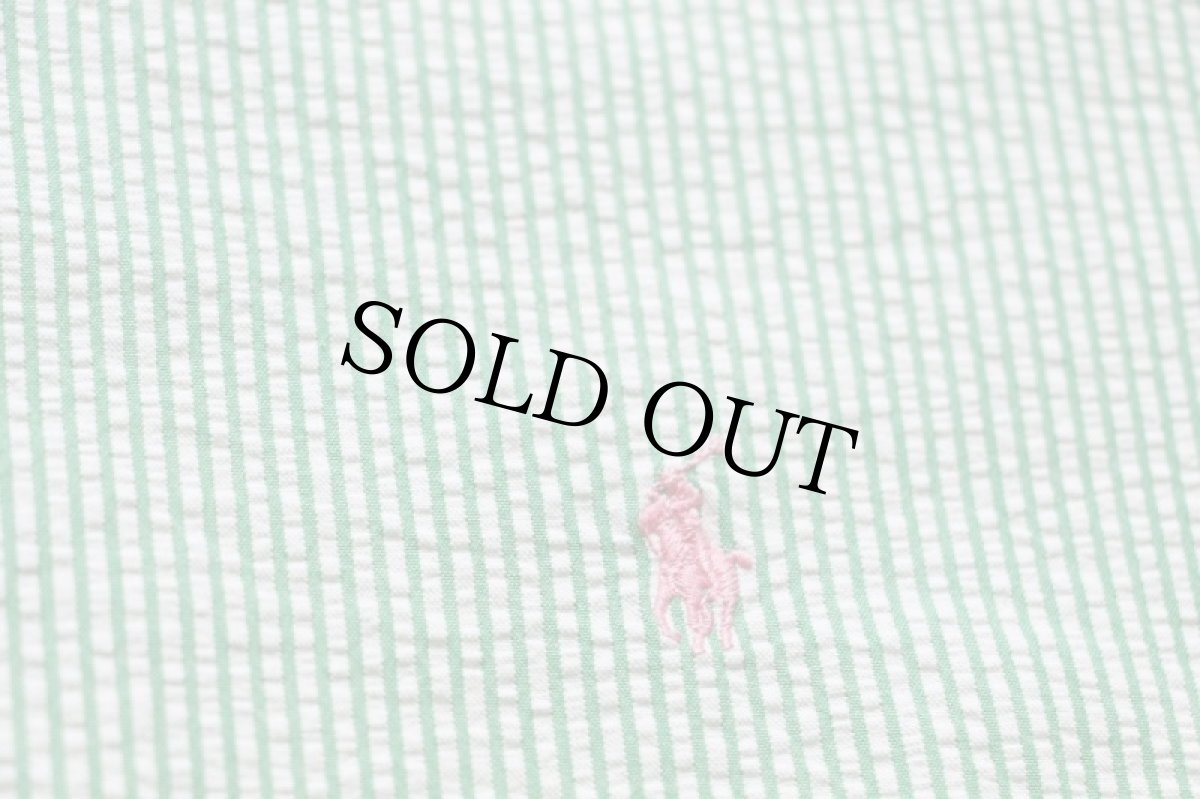 画像5: 00s ラルフローレン ストライプ ボタンダウン 半袖 コットン シアサッカーシャツ 緑×白 M (5)